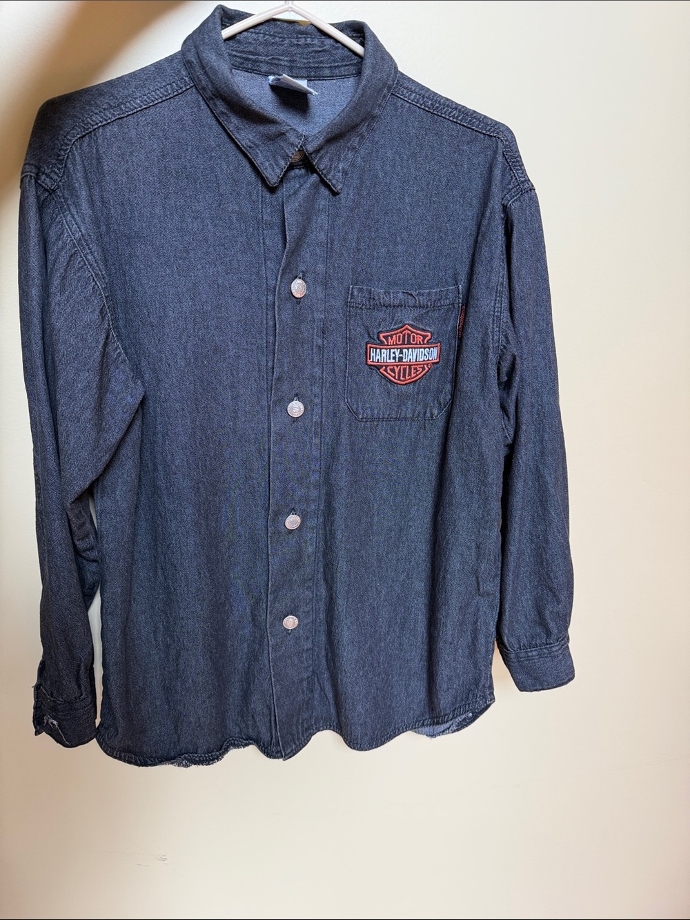Vintage Harley-Davidson Black Denim Button-Down Shirt with Patch